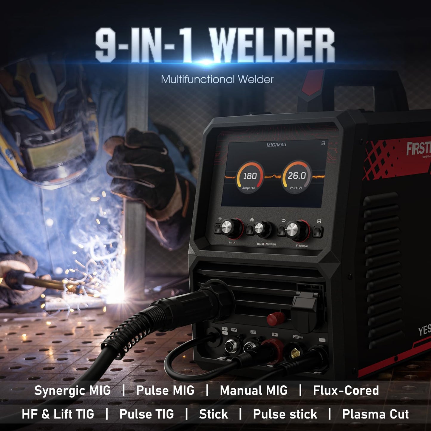 YESWELDER MP200-PRO 9-in-1 Welder & Plasma Cutter Combo, MIG/Pulse MIG/Flux Core/Lift TIG/Pulse TIG/Stick/Pulse Stick/CUT/Spool Gun, User-Friendly 7" LCD Screen 120V/240V Welding Machine