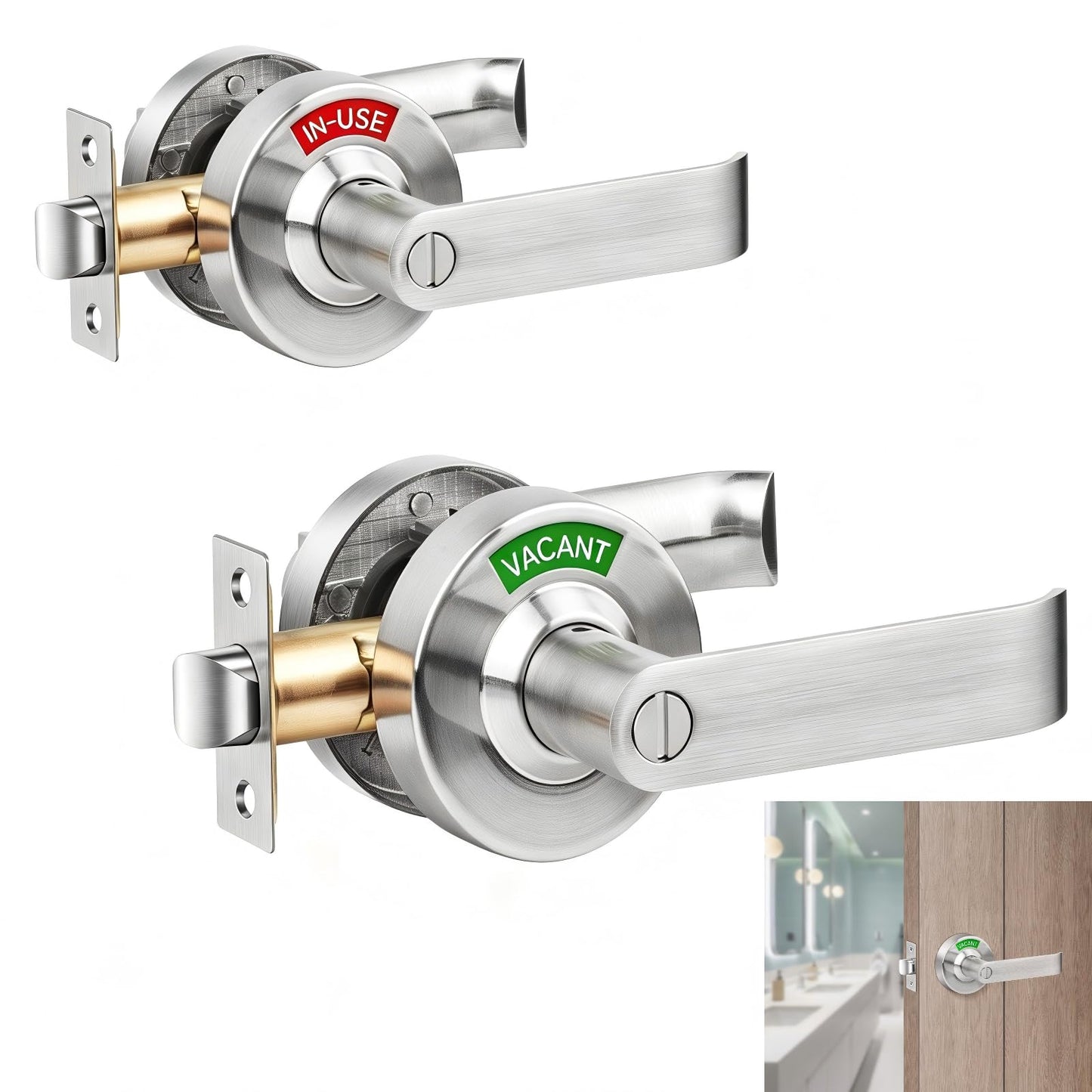 Feeloco Vacant Occupied Bathroom Door Lock - Stainless Steel Privacy Door Handle with Indicator Sign, Fits 1-3/8" to 2" Door, ANSI Grade2 Commercial Door Locks for Restroom Stall, Office, Gym (Silver)
