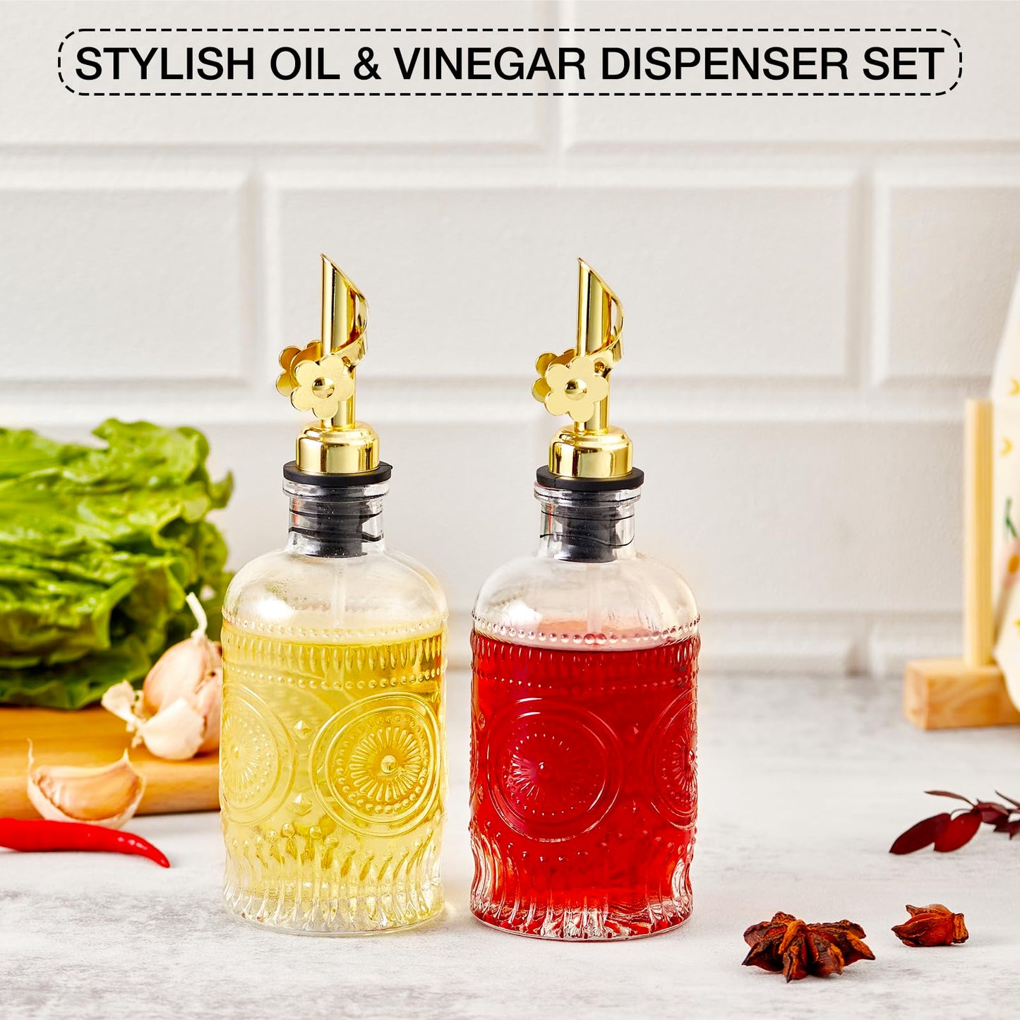 MUVEKA Olive Oil Dispenser Bottle for Kitchen, 7 oz/ 200 ml Cooking Oil Dispenser, Oil and Vinegar Dispenser Bottle Set, Glass Oil Containers with Weighted Pourer Spouts, Oak Corks