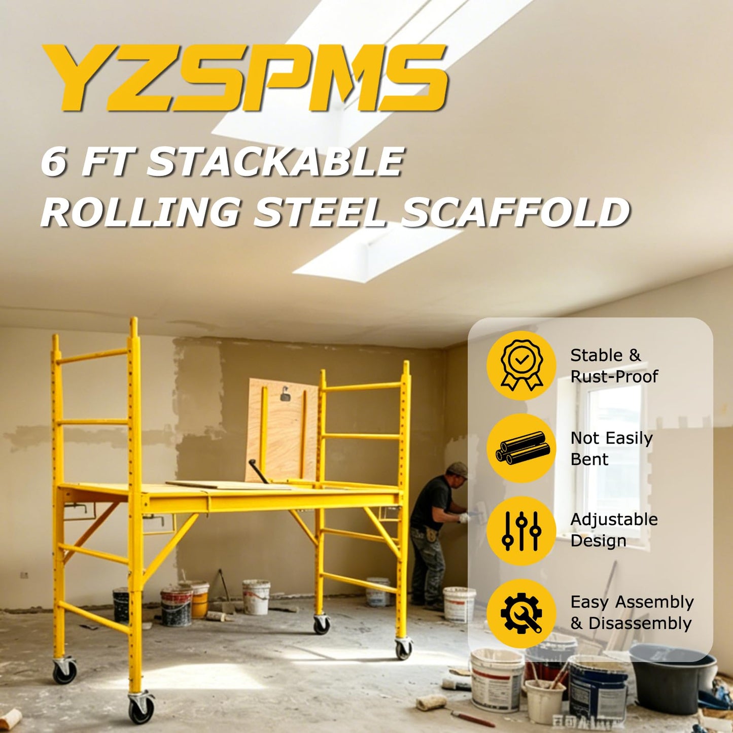 YZSPMS 6.25 ft Baker Style Rolling Steel Scaffold with Hatch Deck - 1000Lbs Capacity, Locking 5" Casters, Height Adjustable in 2" Increments, for Painting/Electrical/HVAC