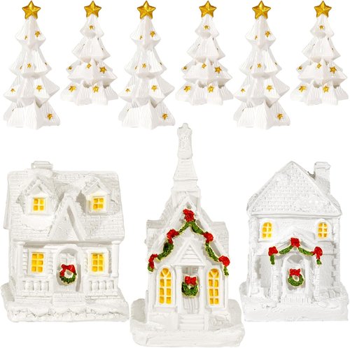 Bbiamsleep Christmas Mini Village Set - 9 Pcs White Resin Houses & Trees for Festive Home Decor