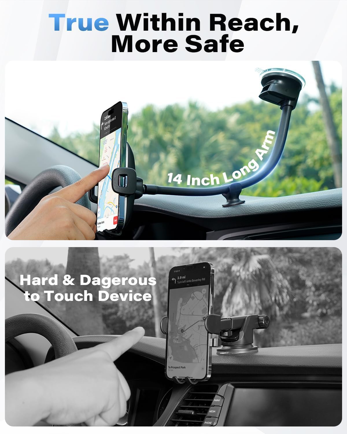 1Zero 14-Inch Solid Car Truck Phone Mount Holder with Gooseneck Long Arm, Windshield Window Mobile Holders