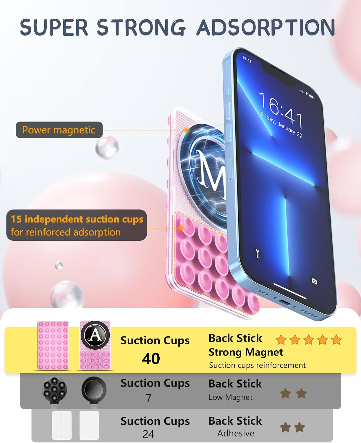BOVOGAVA Suction Cup Phone Mount, Silicone Sticky Phone Grip with Magnetic Ring for iPhone & Android, Initial Double