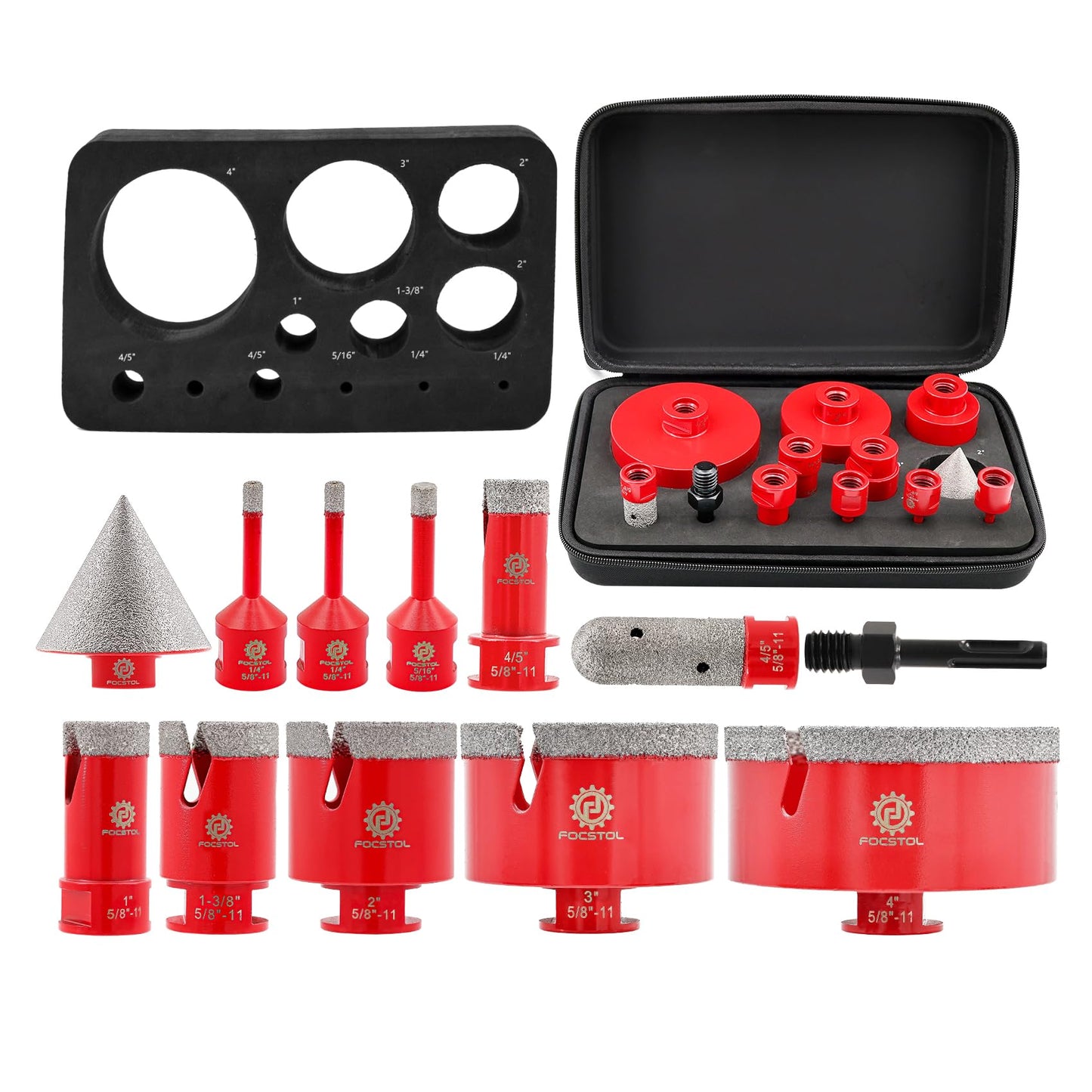FOCSTOL Diamond Core Drill Bit Set - 12pcs (6/6/8/20/25/35/50/75/100mm+20mm Finger Milling Bit+50mm Beveling Chamfer Bit+SDS) Diamond Hole Saw Kit for Porcelain Ceramic Tile Marble Granite