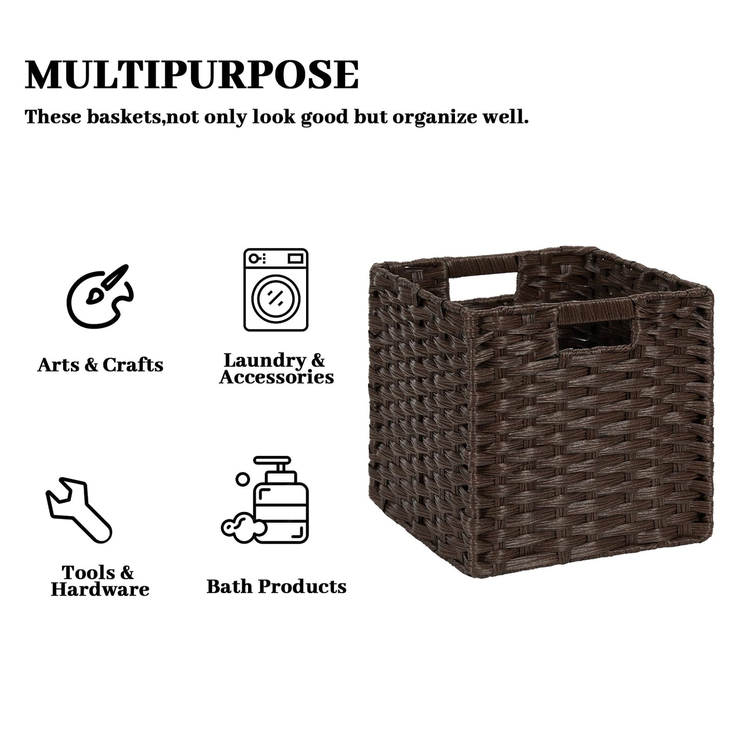 DULLEMELO Wicker Storage Baskets 11x11 Cube Storage Bins for Organizing Plastic Woven Baskets Set of 4 Waterproof Wowen Storage Cube Organizer for Pantry Closet Set of 4 - Deep Coffee