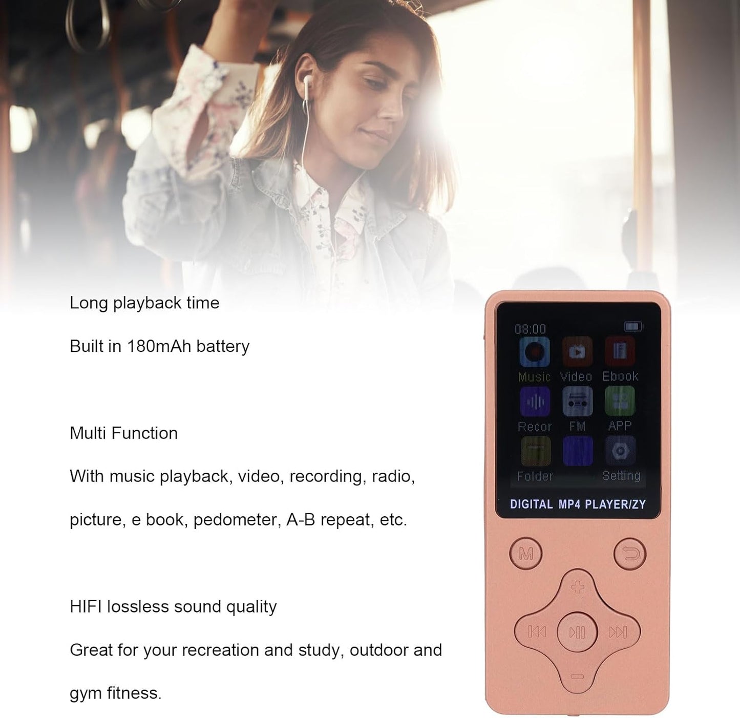 ASHATA MP3 64GB, 5.0 MP3 MP4 1.8 Inch, Portable Player Bluetooth Music Player, Support Speaker Video FM Ebook Photo