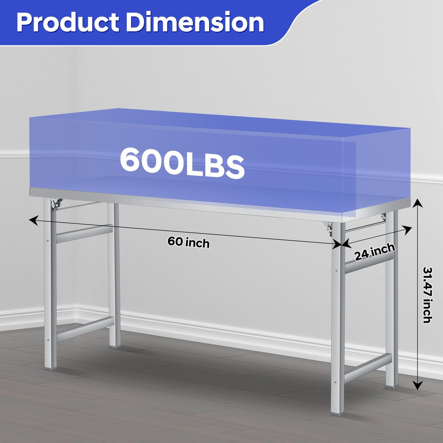 60" x 24" Stainless Steel Folding Table - 520 LBS Commercial Foldable Prep Table, Open Base Worktable with Adjustable Undershelf and Feet, for Home Kitchen Restaurant Garage Warehouse, Heavy Duty