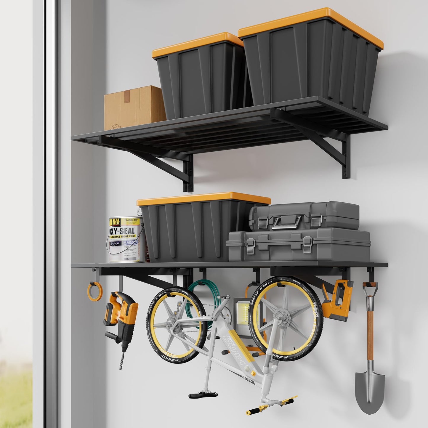 Jusgym 2-Pack 2x4ft Garage Shelving Wall Mounted, Heavy Duty Garage Wall Shelving with Hooks, 500 lbs Capacity Industrial Storage Shelves for Garage Organization