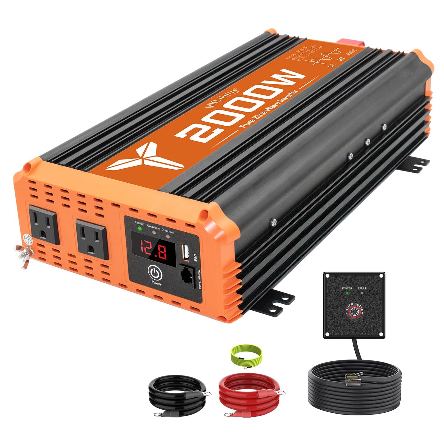 MKLIHFD 2000 watt Pure sine Wave car Inverter 12V DC to 120V AC, 4000W Surge Peak Power, Inverter for RV, Truck, Solar, Campers with 2 AC Outlet, Remote Control Compatible with Lithium Battery