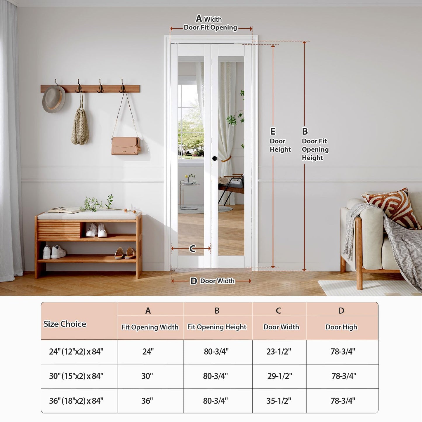 FREDBECK Bifold Door for 30x80 Opening (Double 15x80) with 1 Lites Mirror ,Interior Bi fold Barn Doors and Concealed Hardware Kit Included, PVC Surface, White,for Closet,Pantry,Kicthen