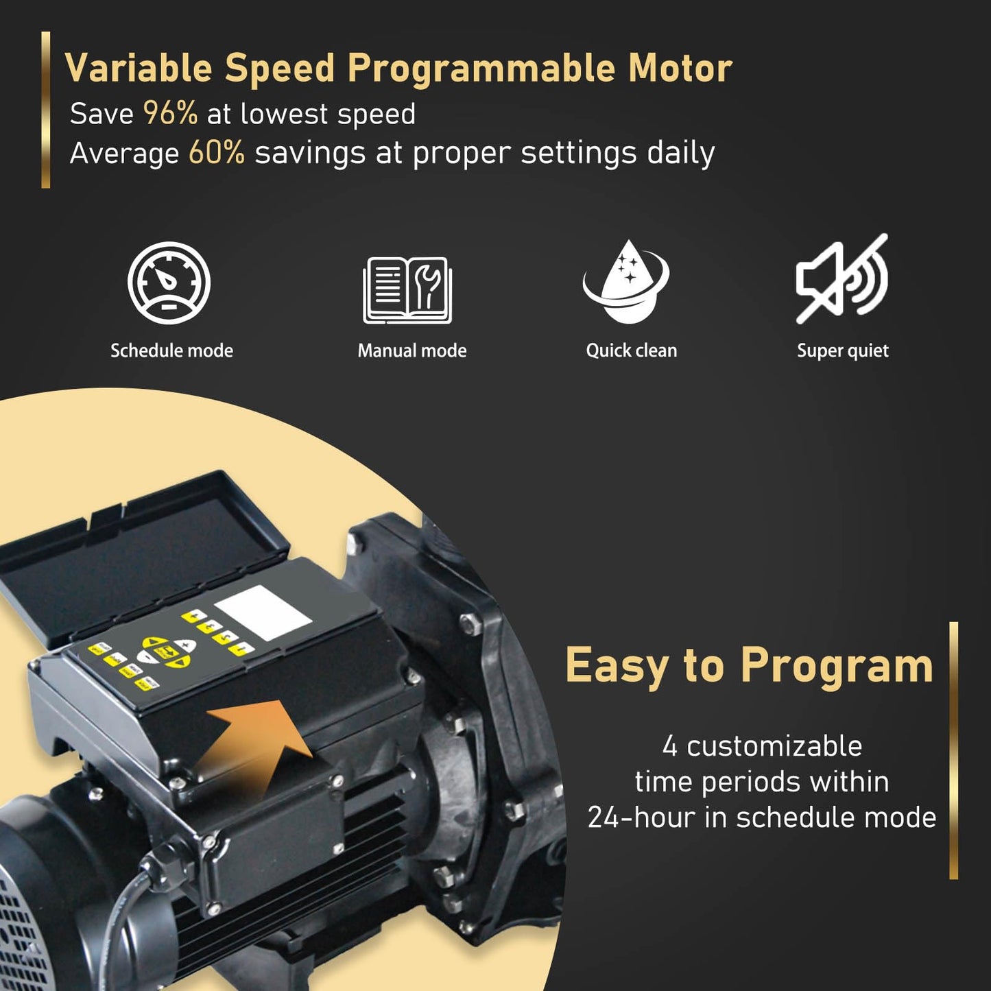 Pool Pump, 2.5HP CEC&DoE-Compliant 230Vac 10200GPH 98FT Strong Suction Energy Efficient Pool Water Filter Pump, Variable Speed Pump with 2" & 1.5" NPT Unions