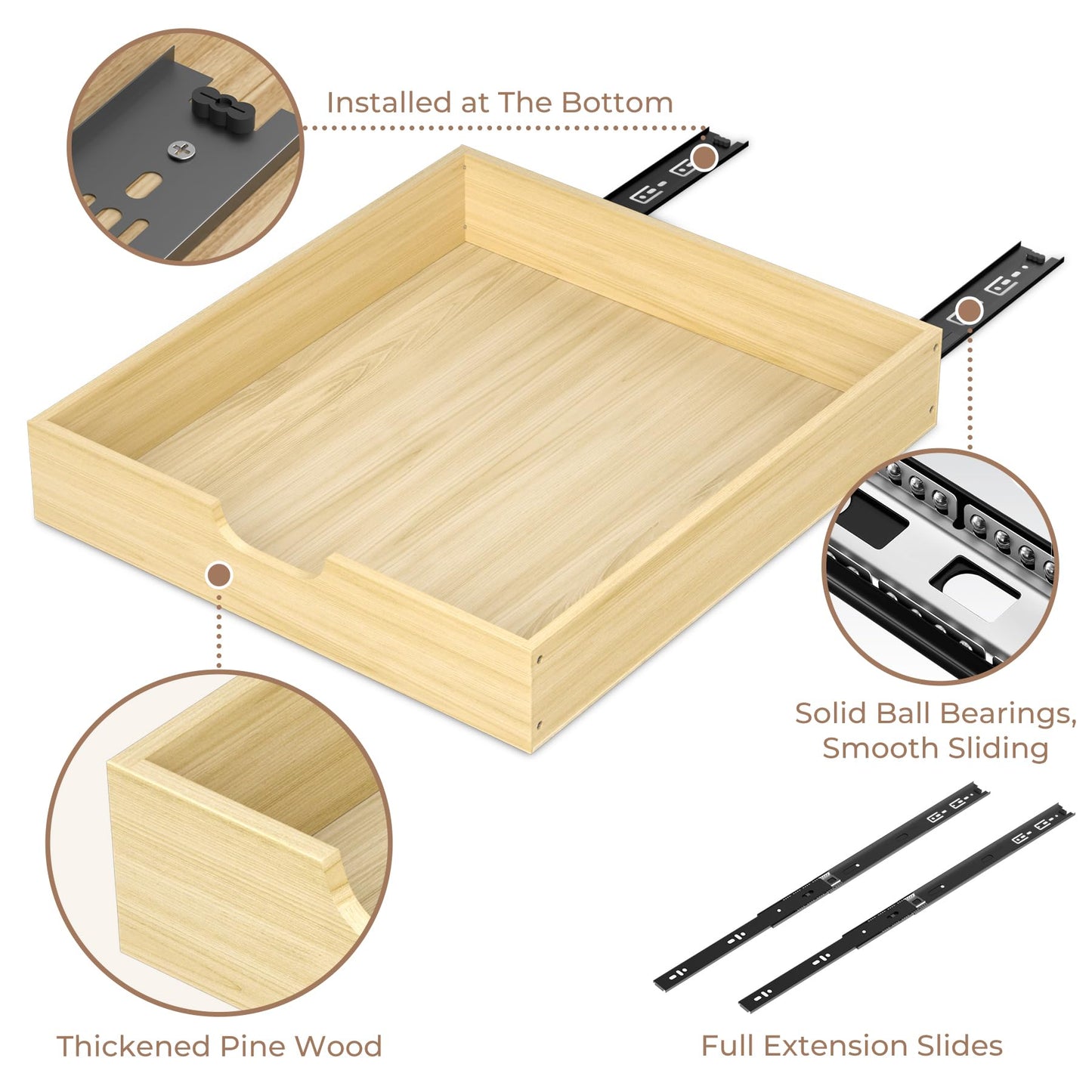 COOLBEBE Pull Out Cabinet Organizer, Soft Close Pull Out Drawers for Cabinets, 19" W x 21" D Solid Wood Slide Out Cabinet Drawers in Kitchen, Pantry, Bathroom, Bottom Assembly