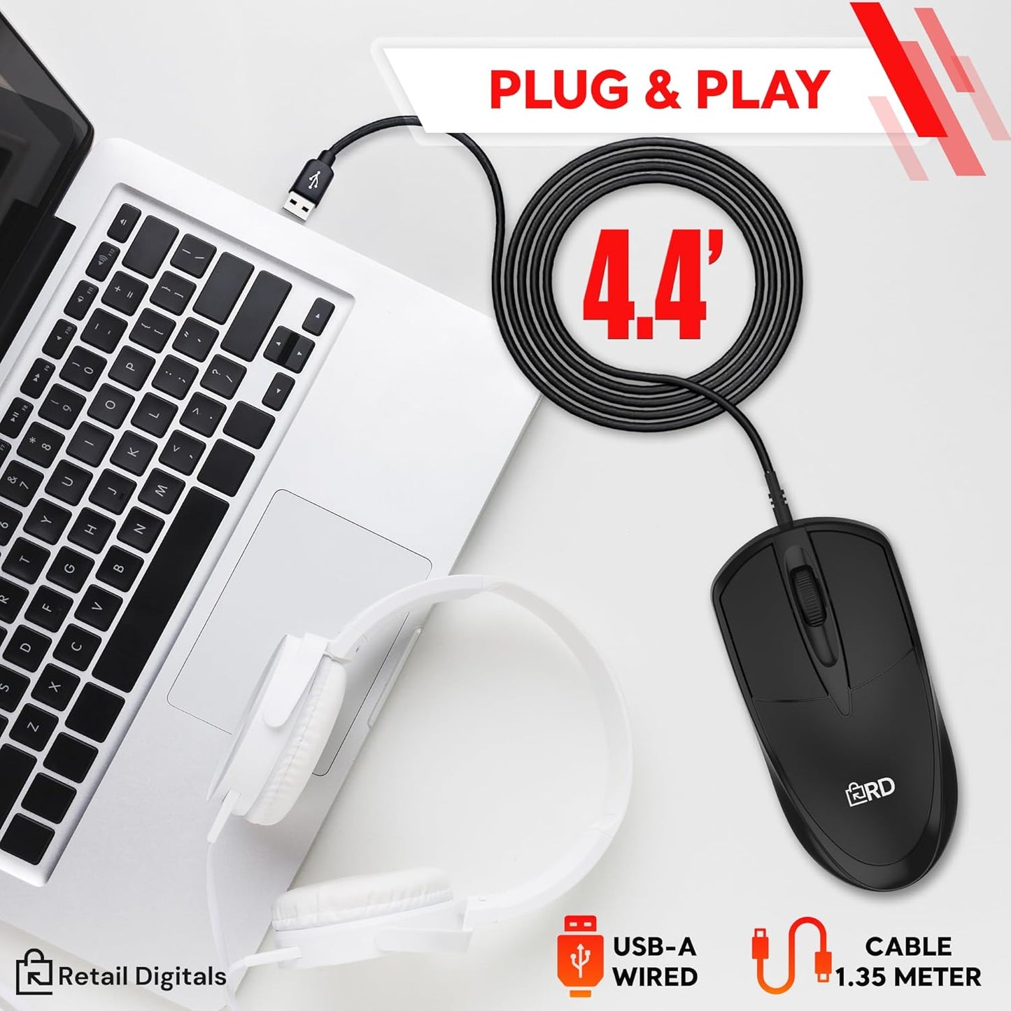 Retail Digitals 3-Button USB Wired Mouse | High-Precision Optical Tracking | Durable for Desktop & Laptop | Black