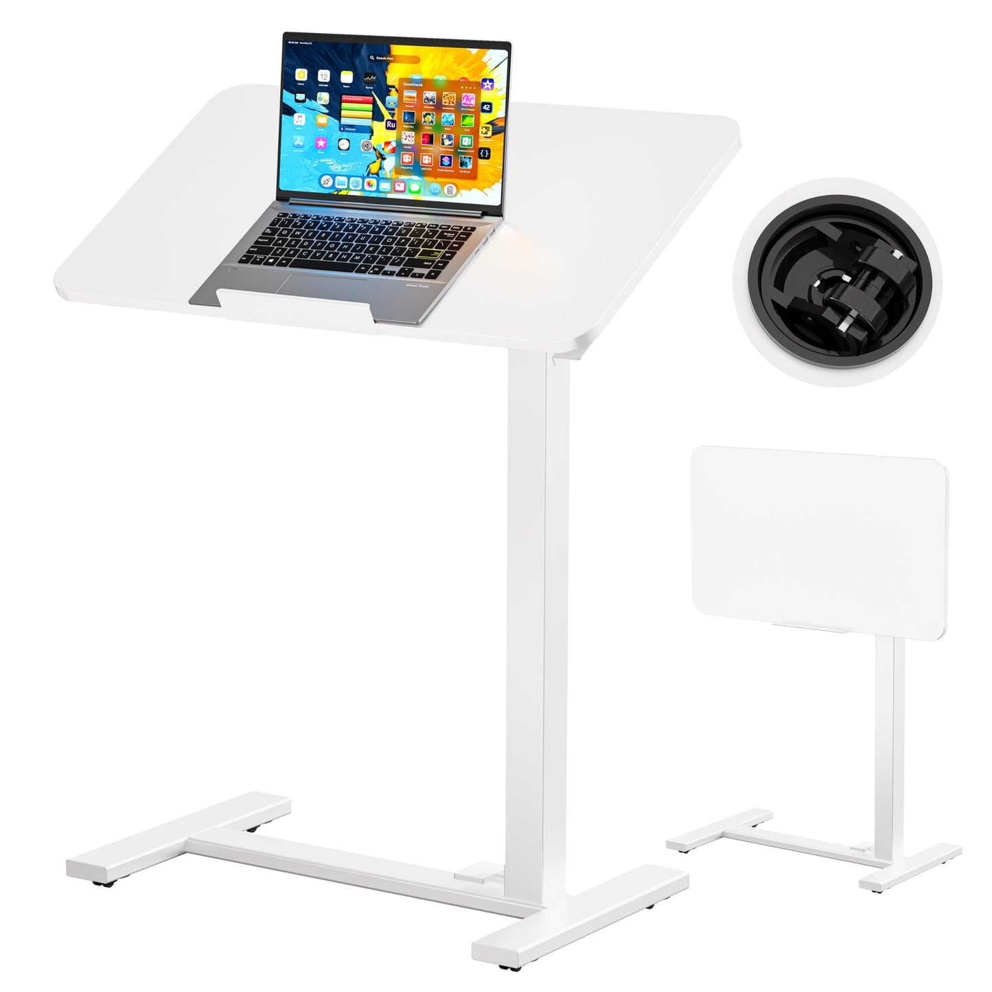 BIZUM Mobile Standing Desk Laptop Desk Pneumatic with Wheels 180° Tilt Top Hospital Bed Table Portable Rolling Cart Foldable Bedside Table for Hospital&Home Use, White