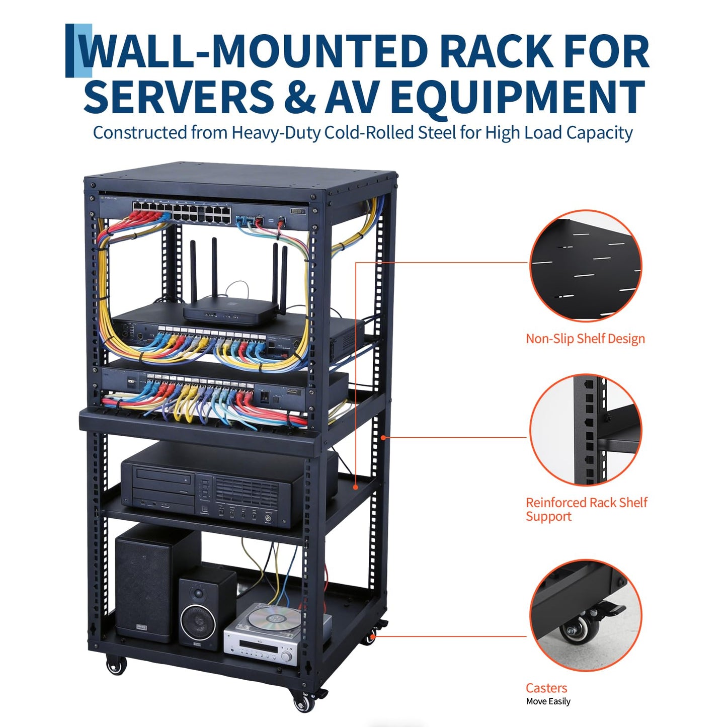 Garvee 20U Network Rack with Casters - Heavy Duty Open Frame Network/Server Rack for IT & AV Gear, Floor Standing or Wall Mounted IT Equipment Cabinet, with 2 PCS 1U Rack Shelves & Mounting