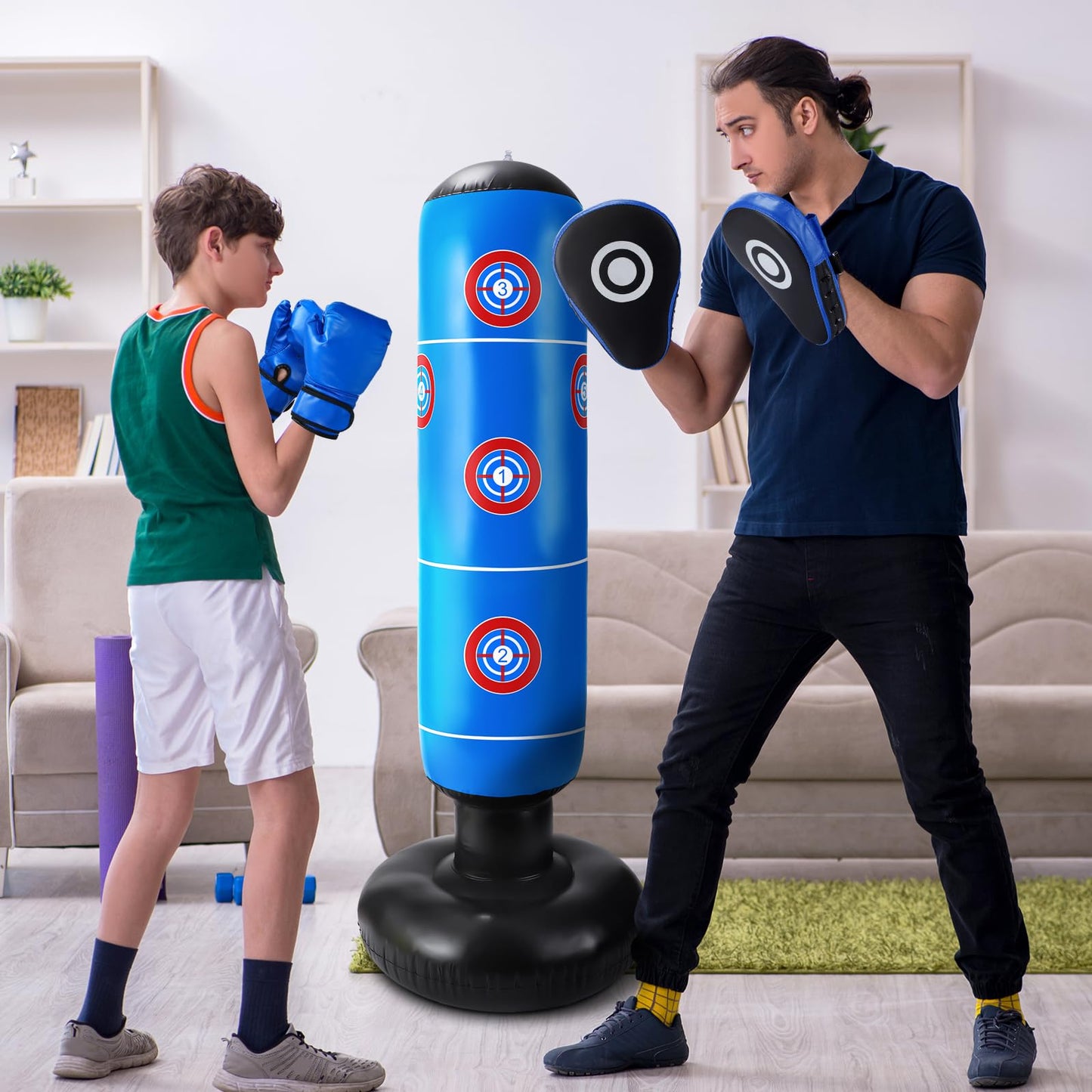 7 Pcs Kids Punching Bag Set Include Boxing Gloves, Inflatable Punching Bag, Hand Wraps, Hand Pads, Air Pump, Kids Boxing Training Set for Karate Kickboxing Taekwondo(Blue)