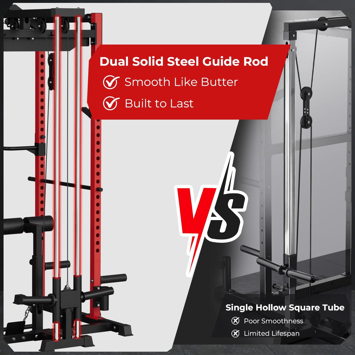 Mikolo F4 2.0 Power Cage with Dual-Track Smooth Pulley System, 1200LBS Power Rack with Leg Hold-Down for Heavy LAT Pulldowns, All-in-One Squat Rack with More Training Attachments for Home Gym (Red)