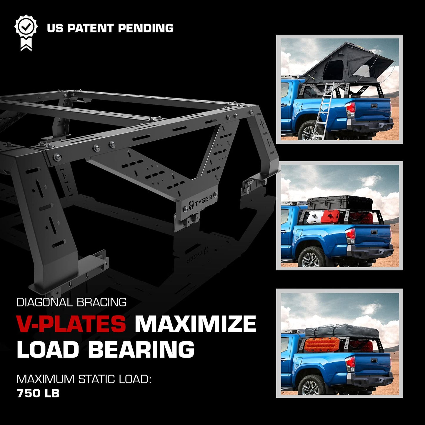 Tyger Auto Plate Style Overland Bed Rack for Full-Size Pickup Trucks | Compatible with Ram 1500 & HD, Ford F-Series, Silverado, Sierra, Titan & XD (see image for size chart) | TG-BK2U55637, Black