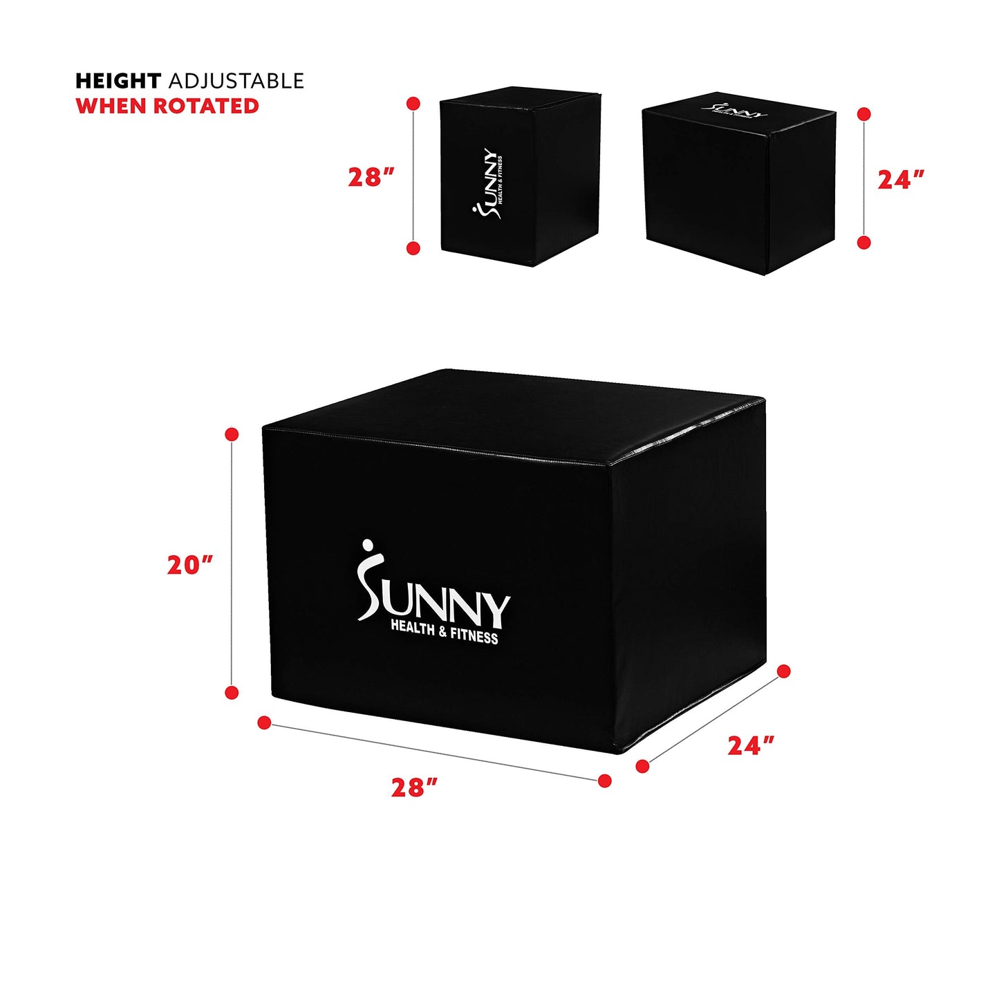 Sunny Health & Fitness Plyo Box Jump Platform with Adjustable Heights 20"/24"/28" and Shock Absorbing Foam Cover, 3-in-1 Plyometric Jump Box - No. 072, Black