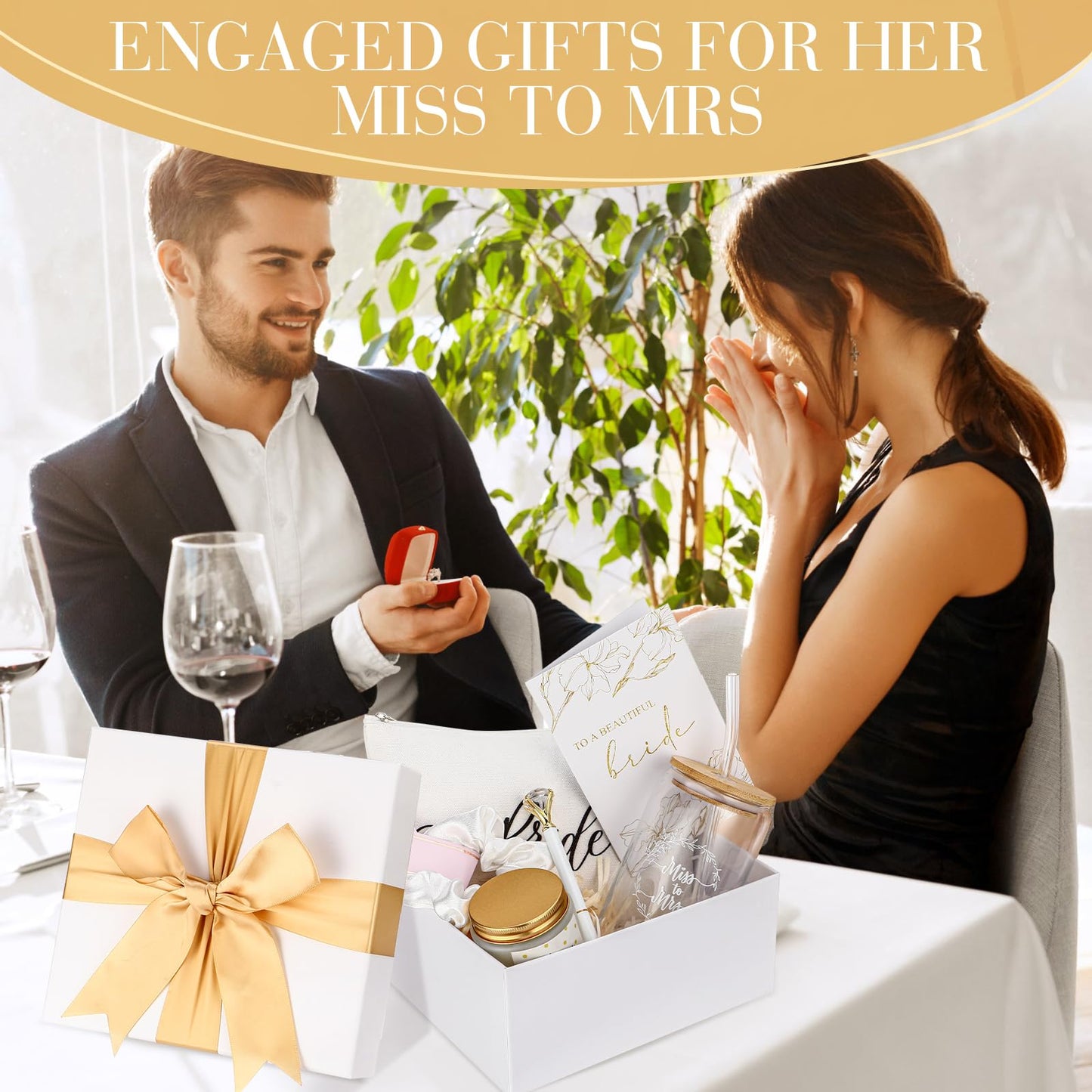 Irenare Wedding Gifts Bride Bridal Shower Gift Including Mrs Can Shaped Drinking Glass with Straw Makeup Bag Crystal Pen Scented Candle Scrunchies Raffia Card Gift Box for Engagement Party(White)