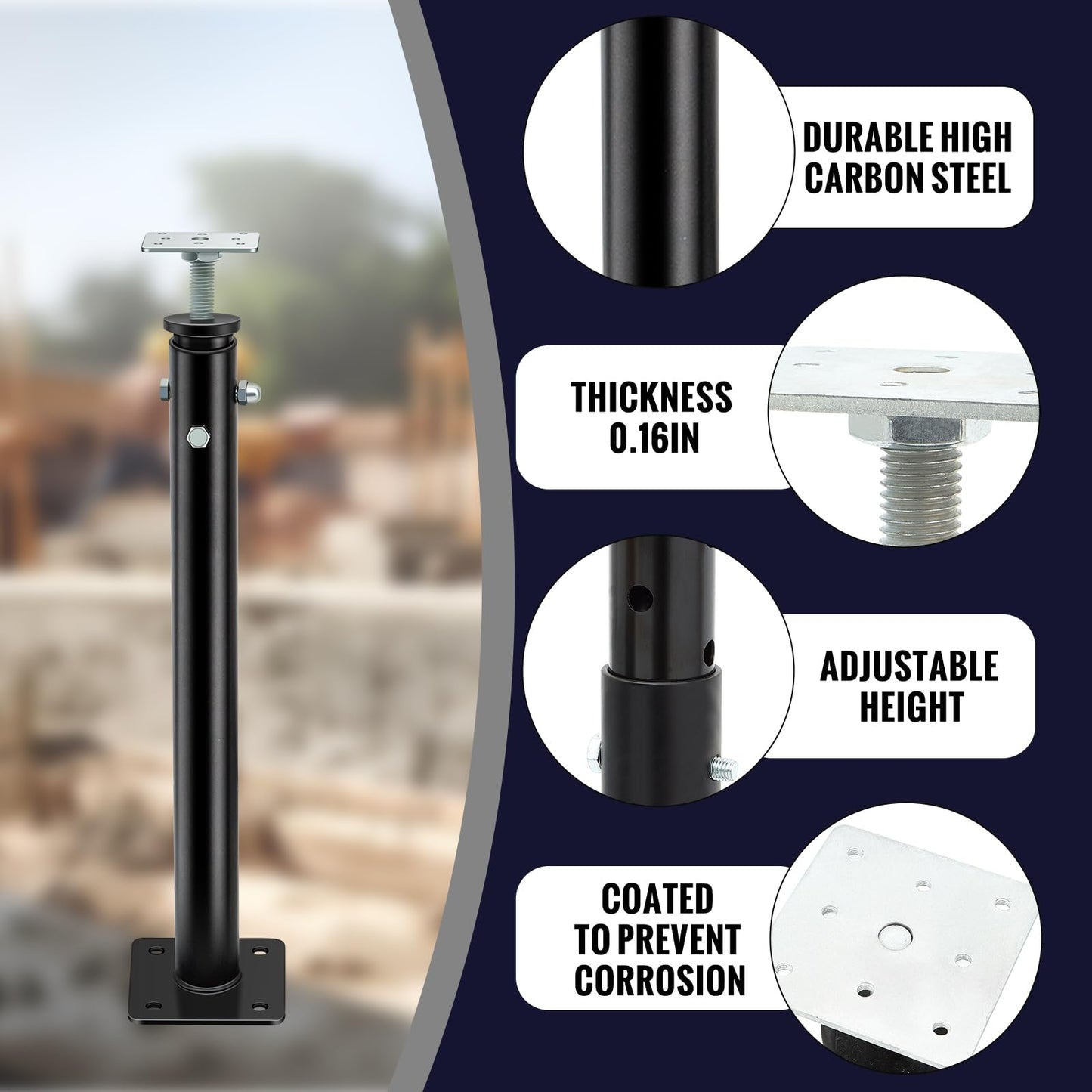 Yaocom 1 Pack Winter Adjustable Floor Jack Post Basement House Floor Jack Steel Support Jacks Post Pole for Porch Roof Deck Heavy Load Areas, 23.23"-43.31" Adjustable Height, Black