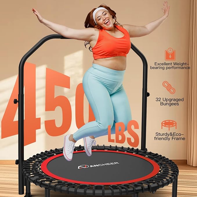 Bungee Rebounder Trampoline,ANCHEER 40" Foldable Fitness Trampoline with 4-Level Adjustable Handlebar, 450LBS Capacity, Resistance Ropes&Upgraded Bungees Safe for Home/Cardio,Workout Indoor/Outdoor