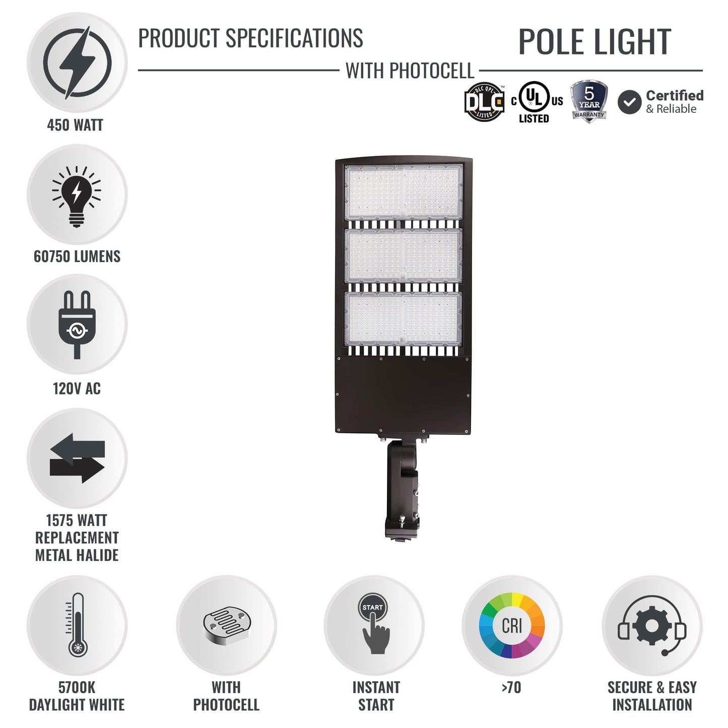 Ledmyplace LED Parking lot Light, 450W Shoebox Light with Dusk to Dawn Photocell, 60750LM, 5700K Daylight, 120-277V, IP65 Waterproof, Commercial Street & Area Lighting for Sports, Stadium,