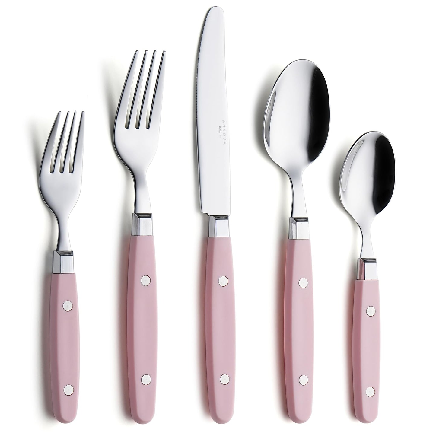 ANNOVA Silverware Set, Retro/Rivet Colorful Stainless Steel Tableware Kitchen Flatware Set Utensils, Includes Dinner Knives, Forks, Spoons, Salad Forks & Dessert Spoons (Light Pink, 20 Pieces)