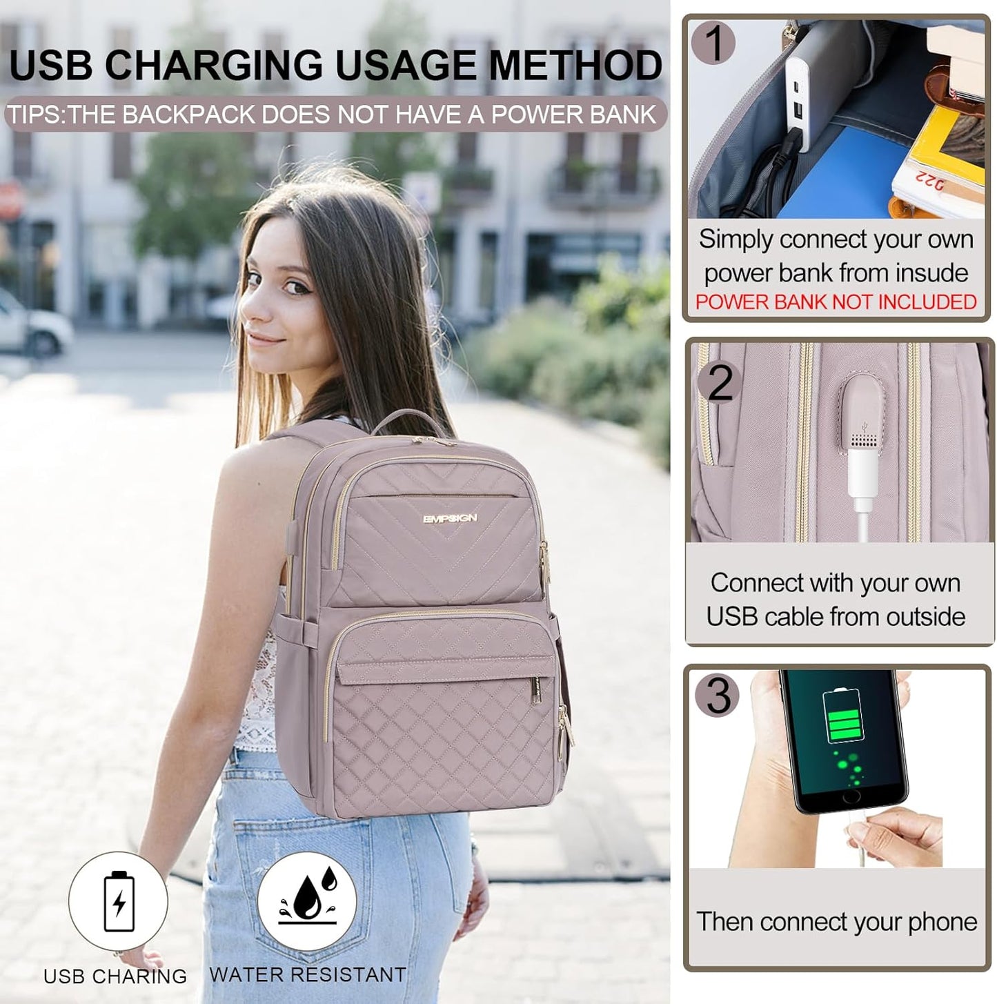 Backpack 15.6 Inch Backpack, 30L Backpack, EMPSIGN Laptop Purse for Women and Men with USB Charging Port, Travel Water
