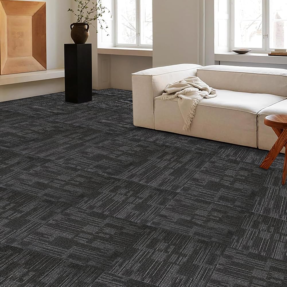 SUWUYUE Carpet Tiles 24 x 24 Inches, 18 Tiles 72 Sqft, Non Slip Commercial Carpet Squares, Removable Floor Tiles for Office Living Room Basement Home Gym, Easy DIY Installation, Dark Gray