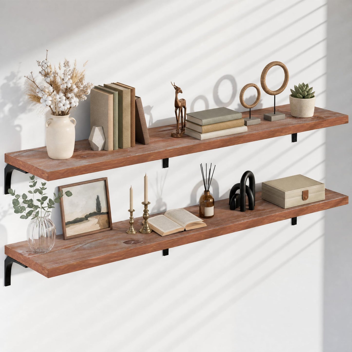 TEDIDUWA 12 Inch Deep Floating Shelves Set of 2, 72 Inch Extra Wide Brown Solid Wood Wall Shelves, 6ft Heavy Duty Farmhouse Wall Mounted Shelving for Kitchen, Living Room & Bedroom