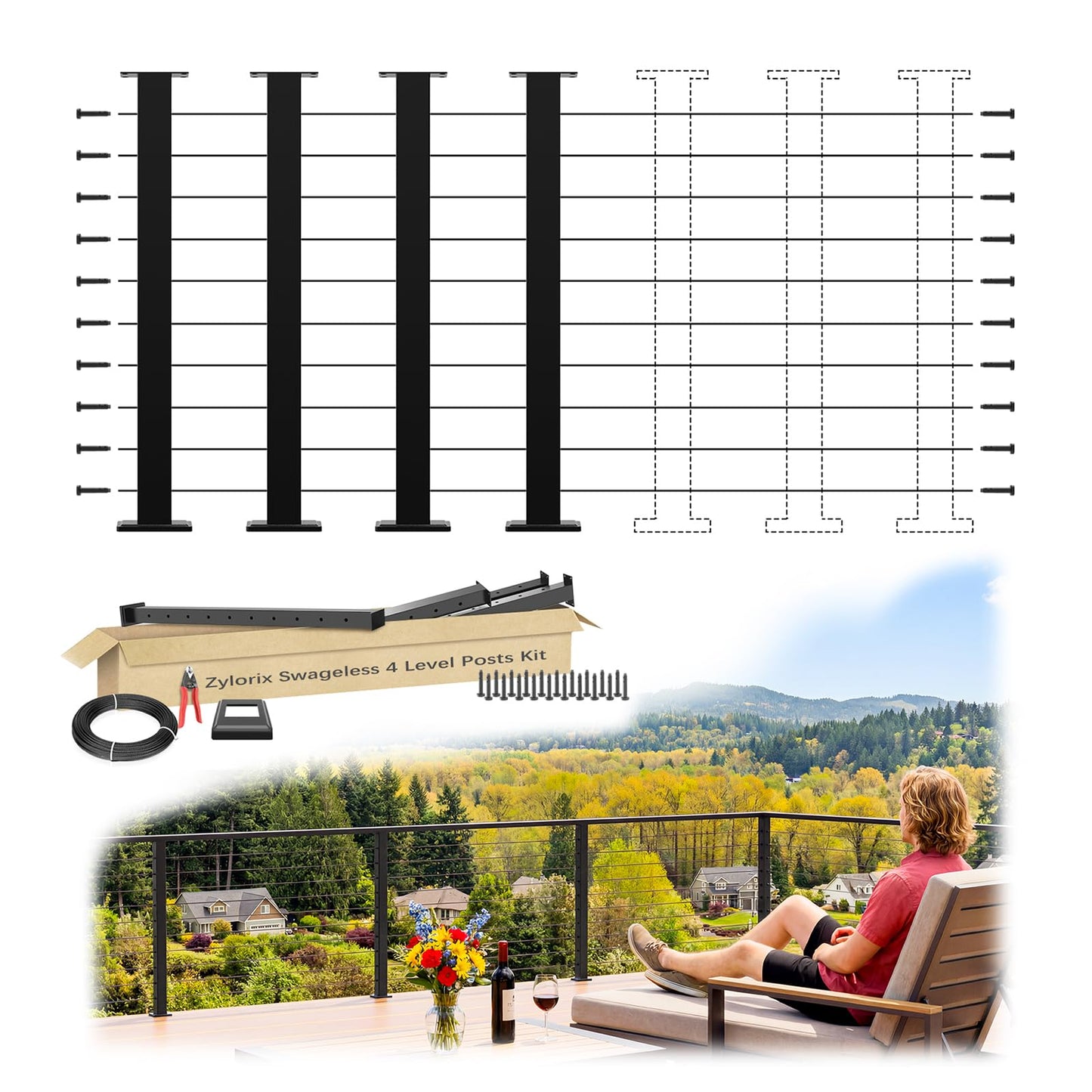 Zylorix Modular 12-24FT Swageless Cable Railing System Post Kit 36" with 4 Heavy-Duty T304 Stainless Steel Level Post, Patent Reusable Cable Railing Kit, Modular Outdoor Finish(No Handrail), Black