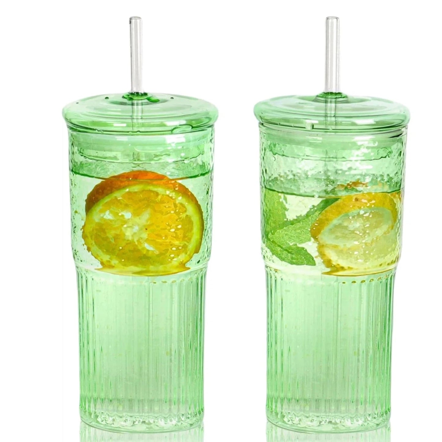QWEZXO 20 OZ Glass Cup with Lids and Glass Straws, High Borosilicate Iced Coffee Glass Tumblers with Lid and Straw for Drinks, 2pcs Reusable Wide Mouth Smoothie Cup(Green)