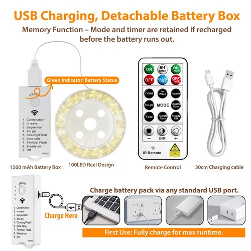 HXWEIYE Rechargeable Fairy Lights with Remote & DIY Timer, 33ft 100LED Battery Operated Twinkle String Lights, 8 Modes Decor Light for Bedroom Indoor Wedding Dorm Christmas Tree Party (Warm White)