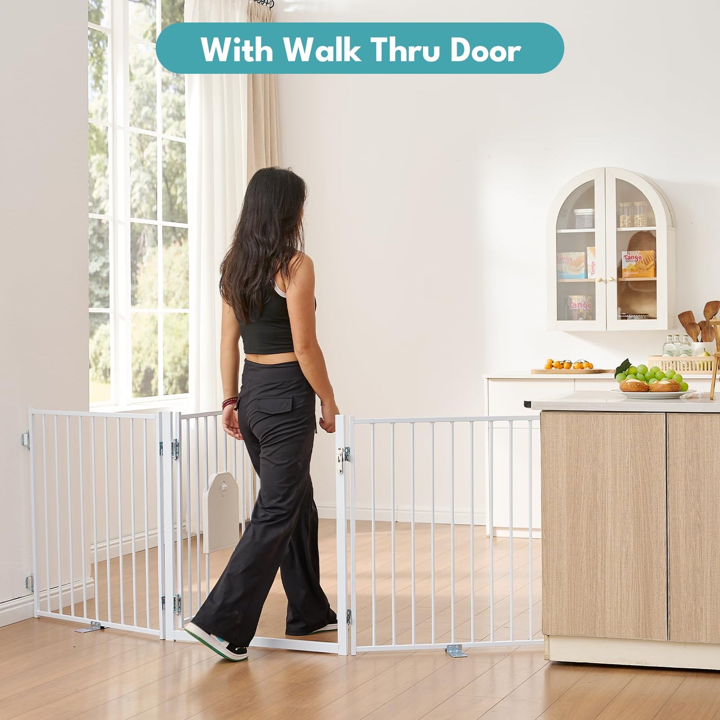 No Pawblems Free Standing Dog Gate with Cat Door, 30'' Tall Foldable Dog Fence for Indoor & Outdoor, Up to 156 Inch Extra Wide Puppy Gate for Stairs, Hallways, Doorways, Deck, Yard (White, 6 Panels)