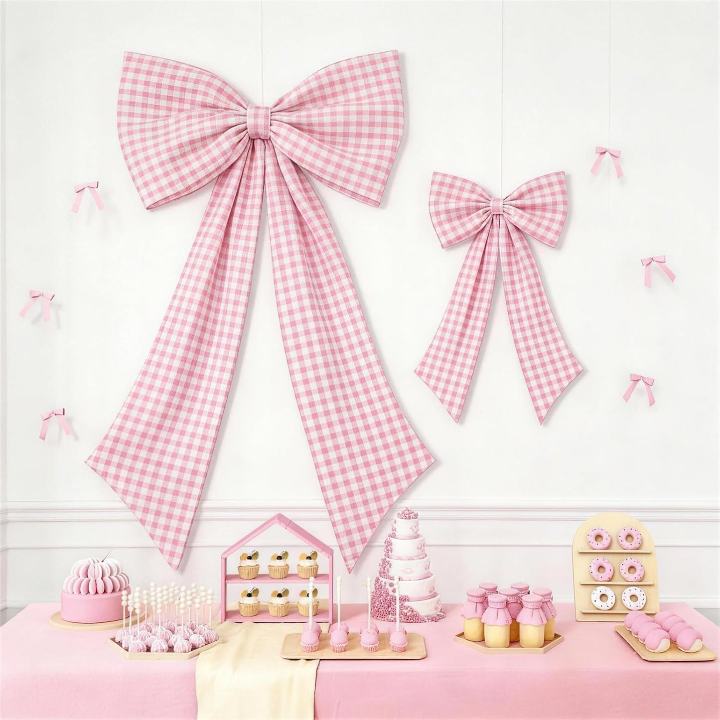 Silly Goose Pink Checkered Bow Decor | 2-Pack Large & Small for Coquette Room Backdrop
