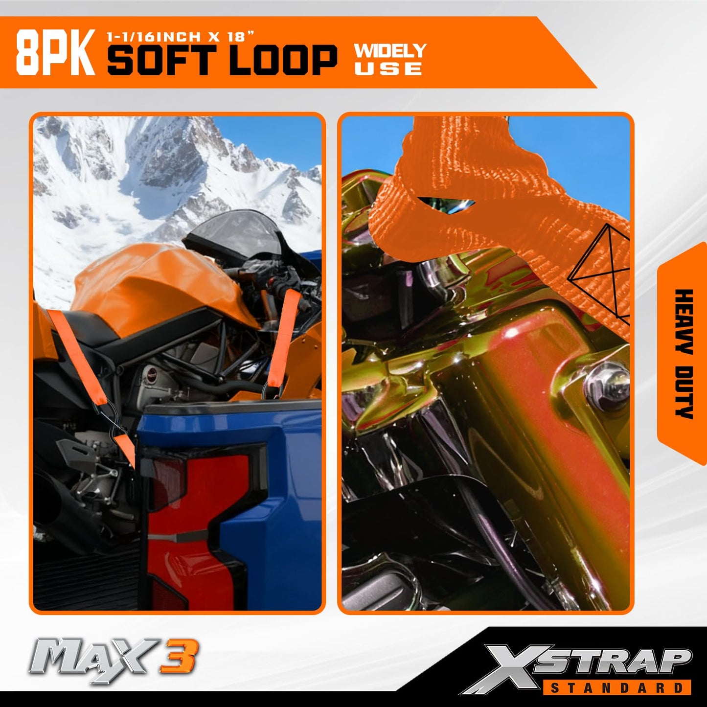 XSTRAP STANDARD Soft Loop Tie-Down Straps 8PK 1-1/16 x 18 inches - 3600LB Breaking Strength, Loops for Securing Trailering of Bikes, ATV, UTV, Motorcycles, Scooters, Dirt Bikes, Lawn Equipment, Orange