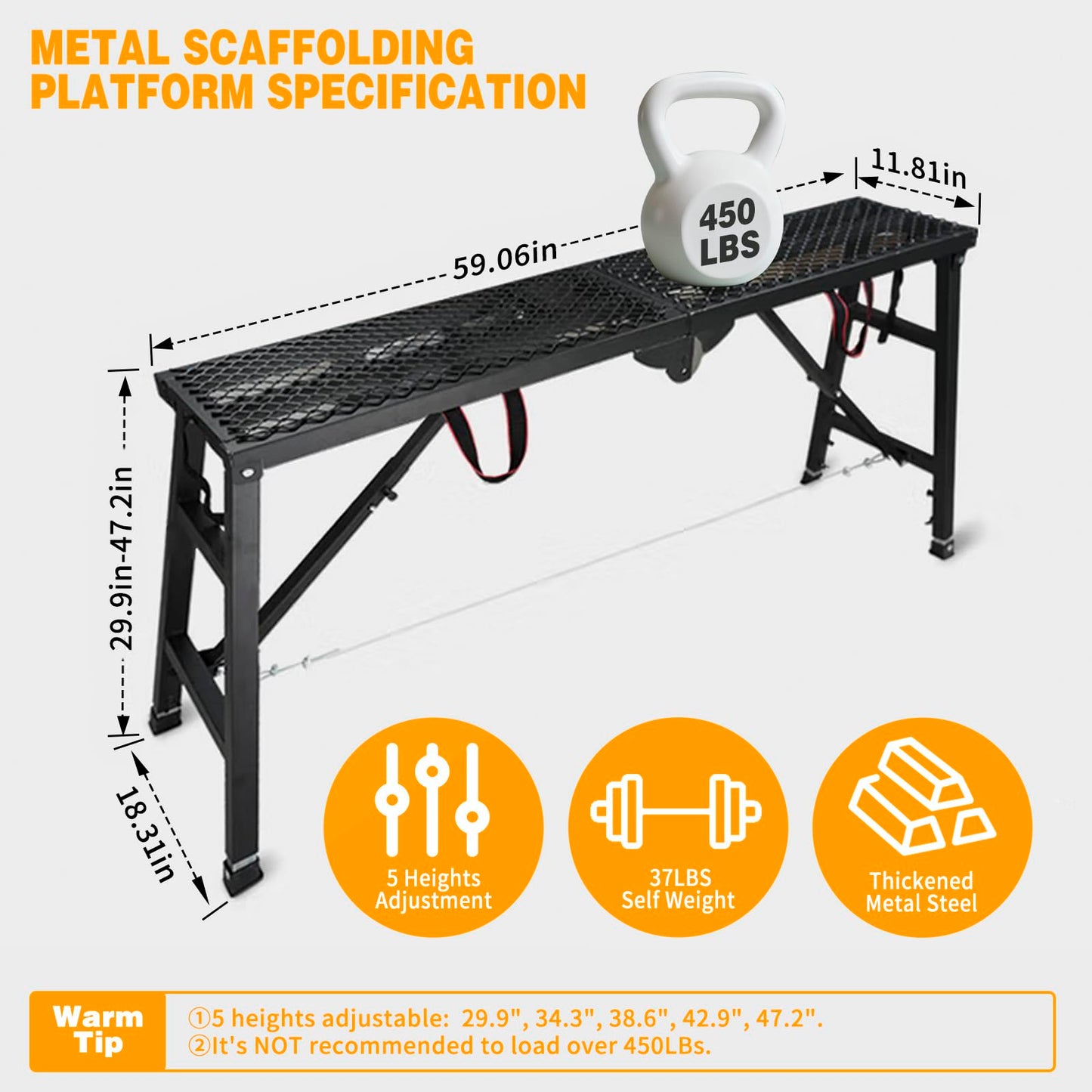 Scaffolding Work Platform, 29.9" to 47.2" Height Adjustable Work Platform, Foldable Scaffold for Building Construction, Interior Painting, Home Improvement（450LBS Capacity, Black,5 Heights Options)