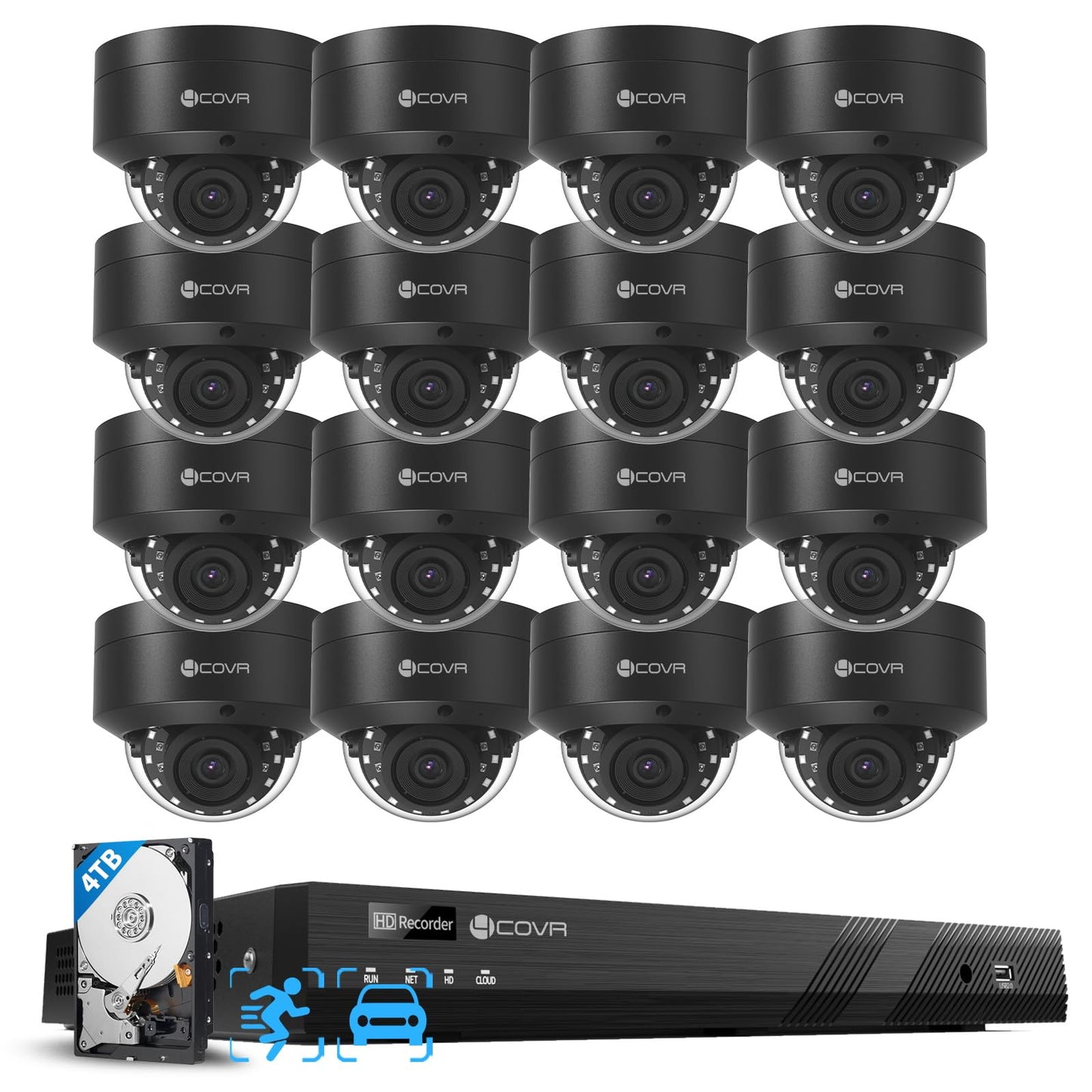 4COVR PoE 4K 16 Channel Security Camera System for Business, Human Vehicle Detection, 16x 8MP IK10 Vandal-Proof IP67 Dome Commercial IP Camera Night Vision, 16CH NVR 4TB, 24/7 Recording, LY54AB8M1616