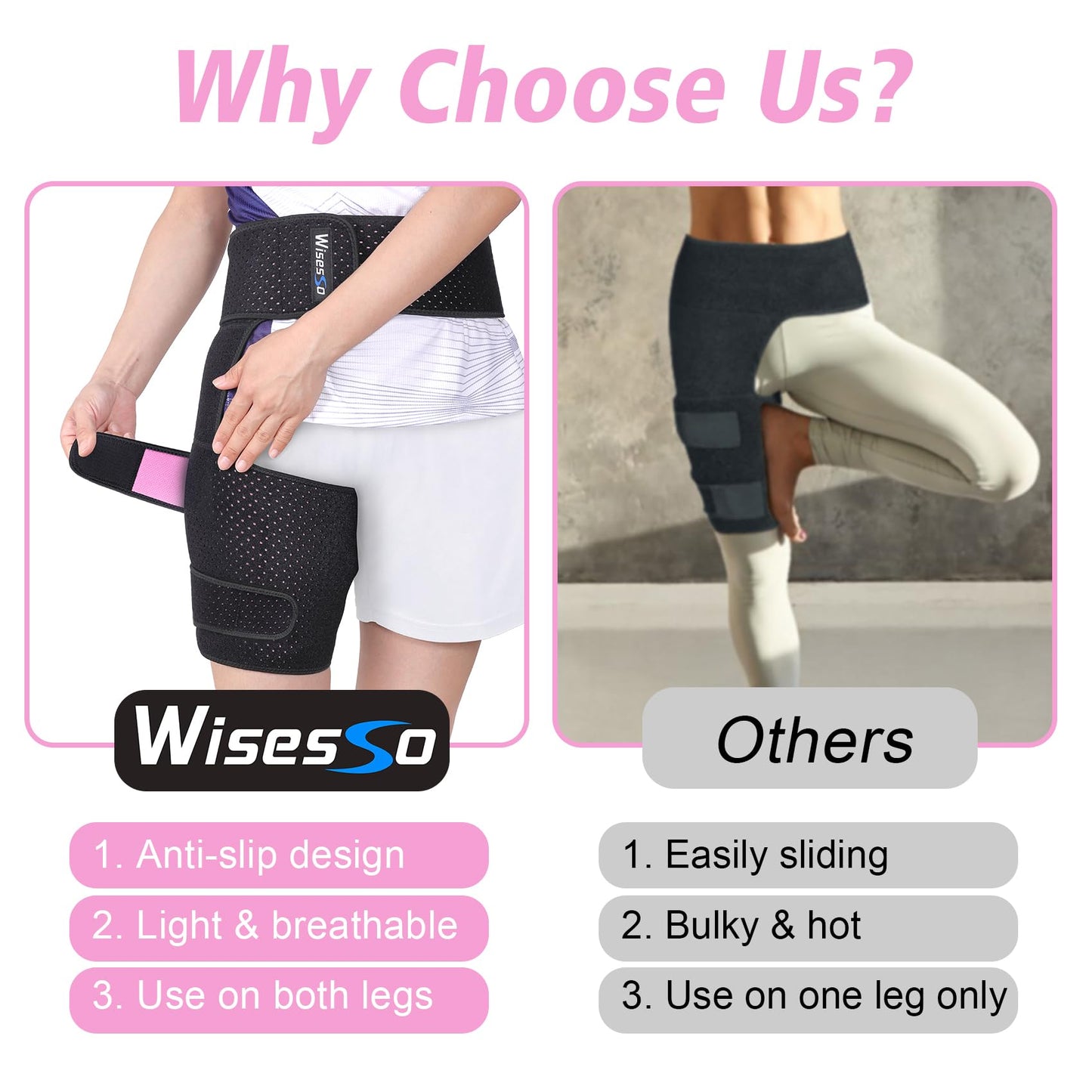 Wisesso Hip Brace, Groin Wrap Hip Braces for Sciatica Pain Relief, Thigh Support for Groin, Thigh, Hamstring, Pulled Muscle Injury, Sciatic Nerve Brace For Men and Women, Pink