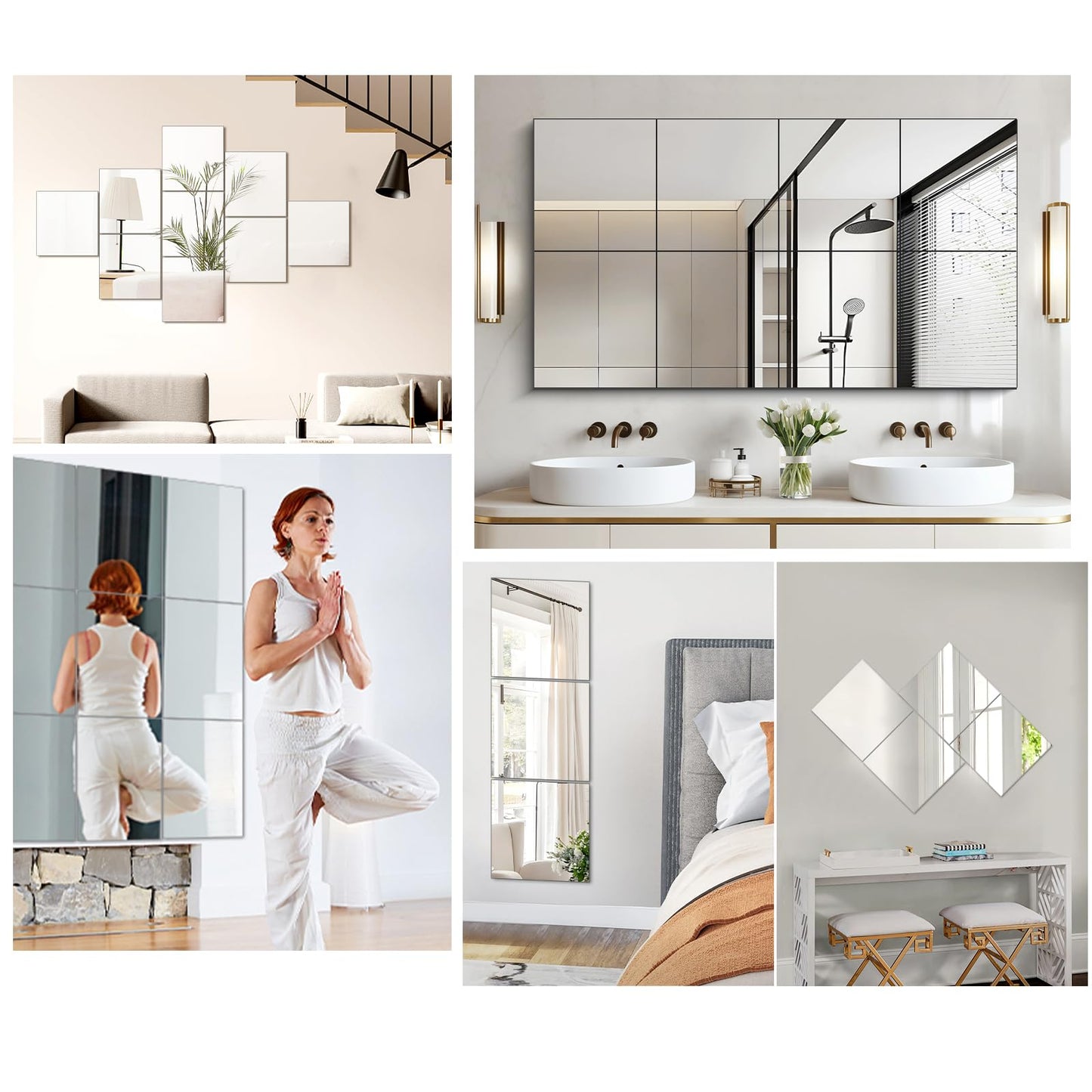 QEEYON 14 x 12 inch Glass Wall Mirror Tile Self Adhesive Frameless High Clear Mirror Sheet for Wall, Home Gym, Door, Bathroom, Bedroom Decor