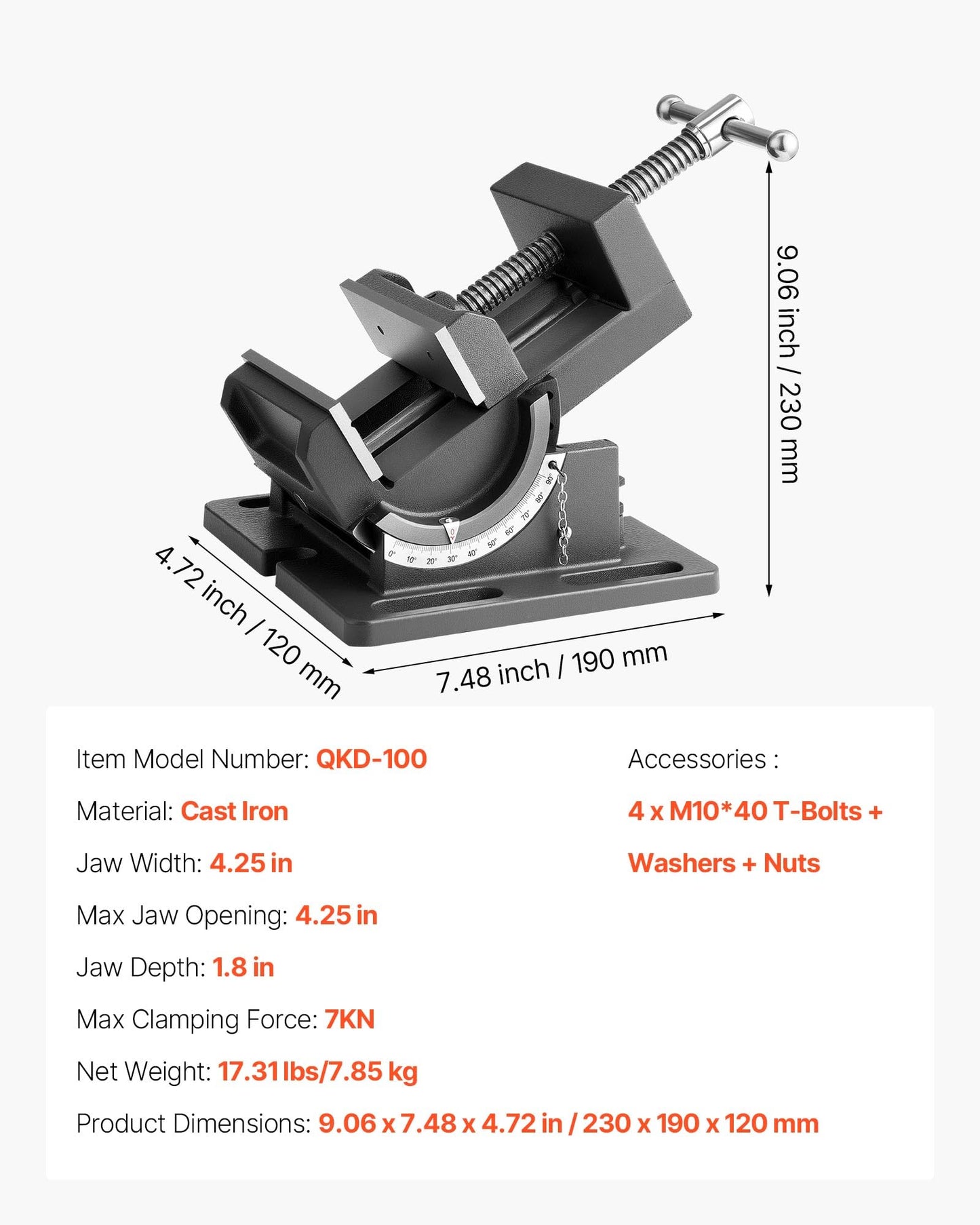 VEVOR Tilting Vise, 4.25 Inch Jaw Width, Portable Drill Press Bench Vise, 0–90° Adjustable Tilt, Durable Cast Iron Construction, Workbench Vice for Woodworking, for Benchtops and Drill Presses, Black