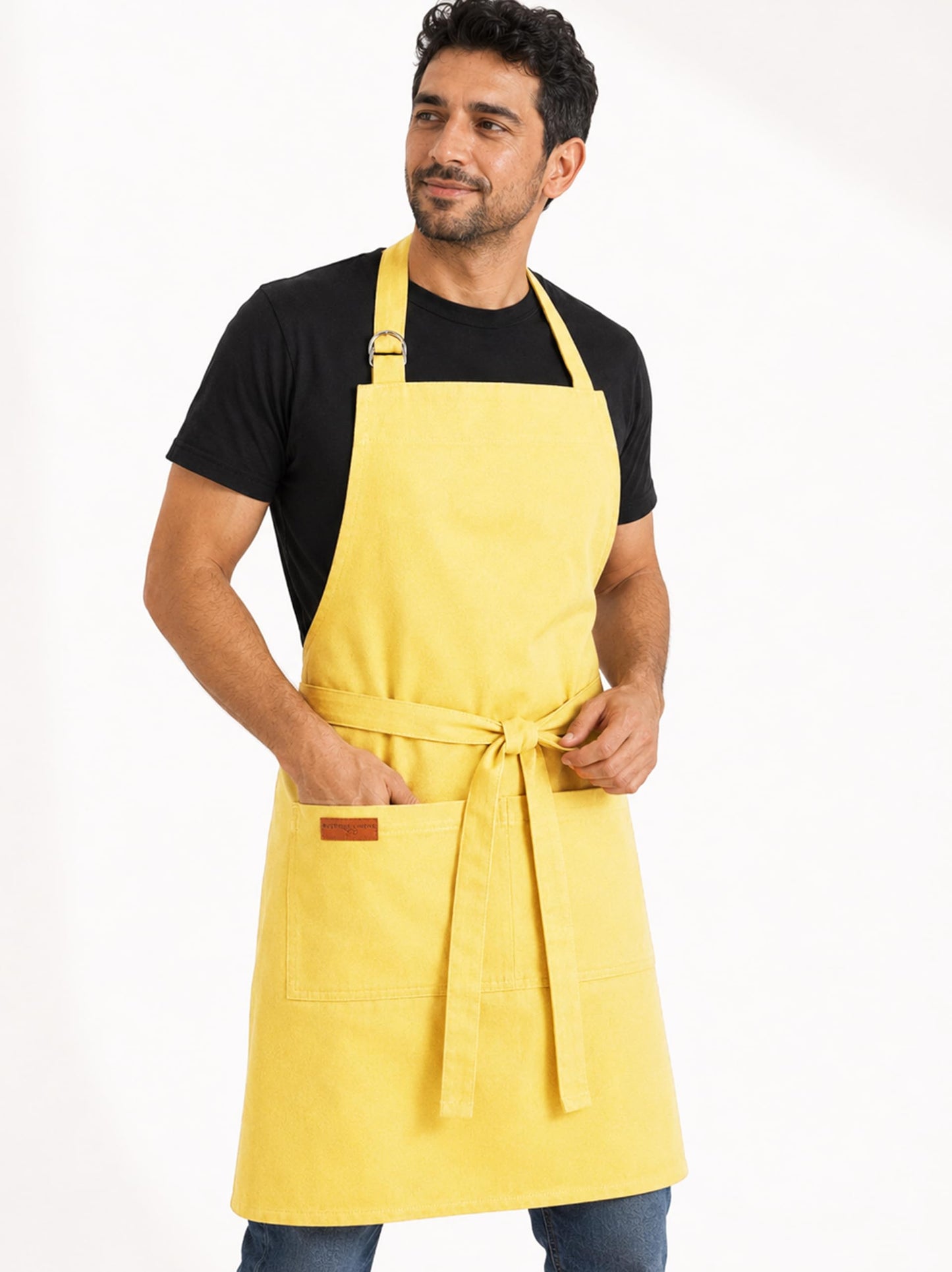 RUSTIQUE LINENS Lemon Yellow 100% Cotton Kitchen Apron with 2 Pockets for Men and Women – Adjustable Chef Apron for Cooking Baking BBQ Restaurant Use – Machine Washable Durable Unisex Bib Apron