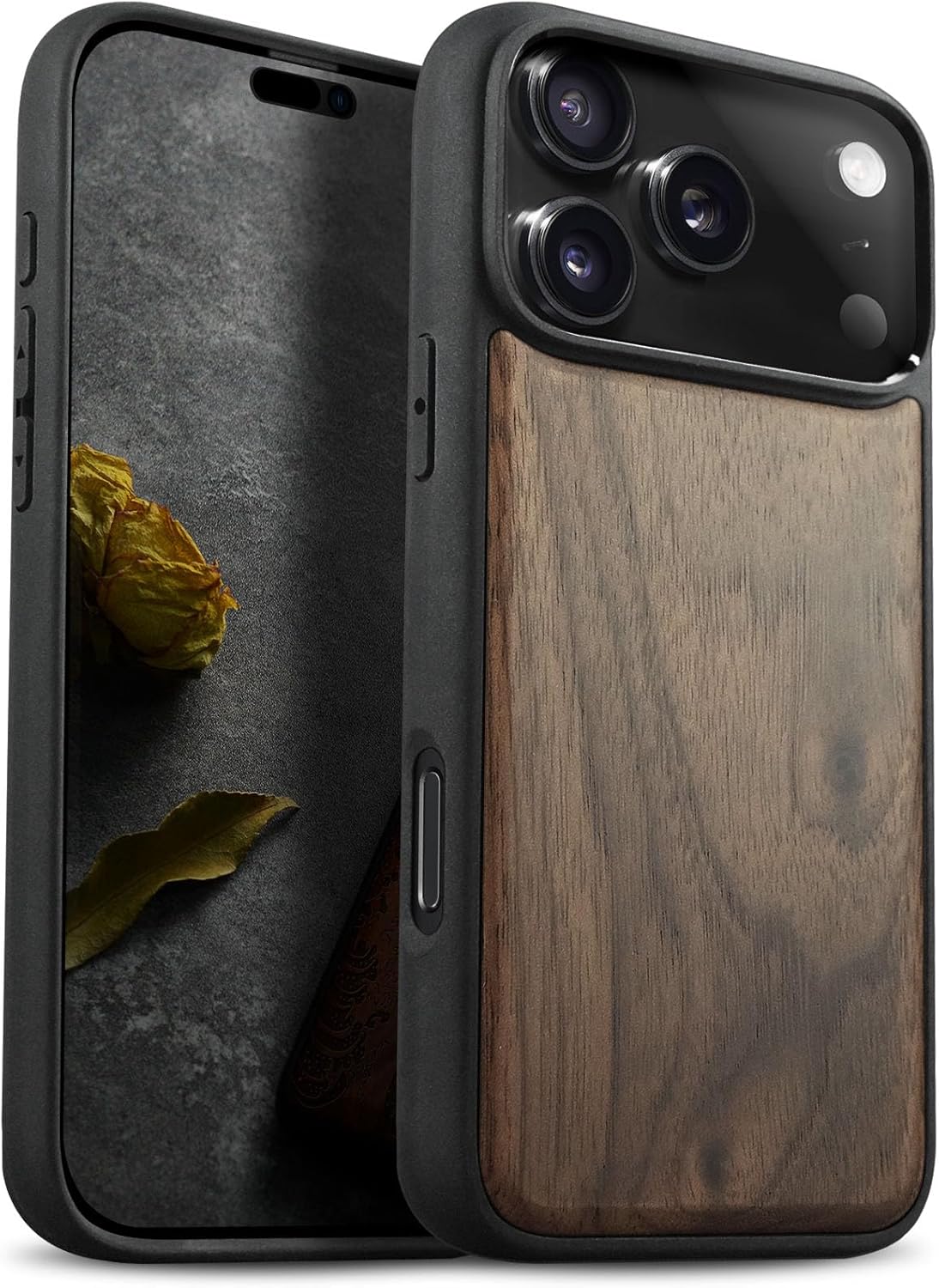 Carveit 17 Magnetic Wooden Case for iPhone Pro Case, Wood Artisan Engraved & Black Soft TPU Shockproof Cover