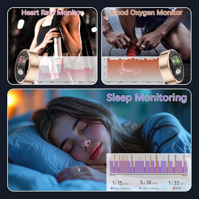 Smart Health Rings for Women Men, Fit Ring with Heart Rate, Blood Oxygen, HRV, Sleep Tracker, Step Tracker, No Subscription Fee, IP68 Waterproof Smart Ring for iPhone & Android (Gold 7#)