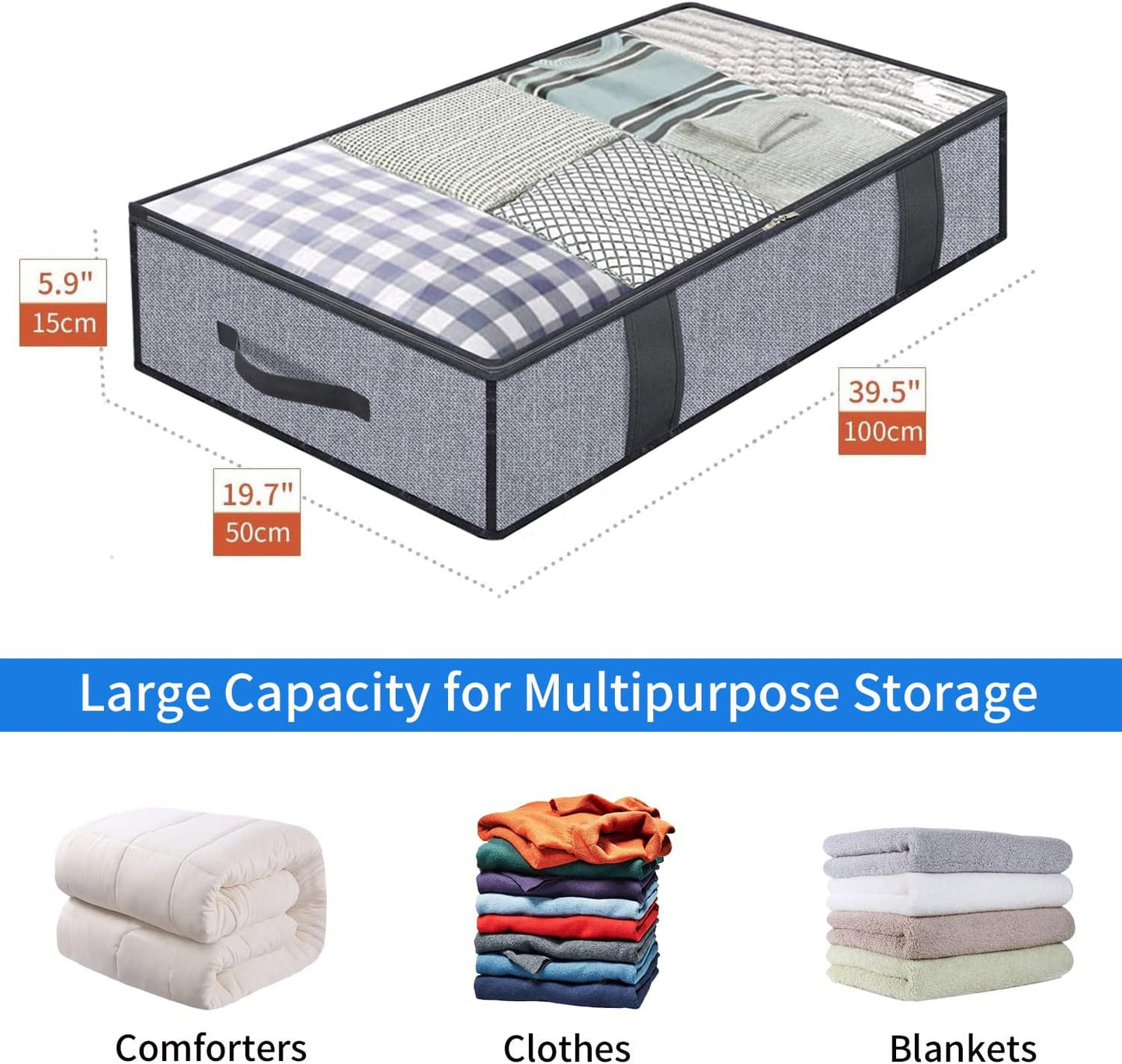 Onlyeasy Foldable Underbed Storage Bags - Breathable Organizer for Blankets & Clothes | 2 Pack, Linen-like Grey, 39.4x19.7x5.9 in