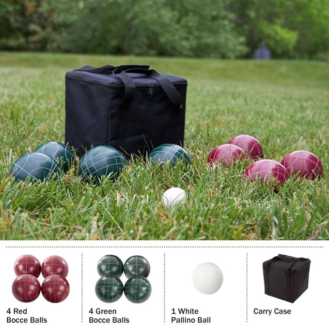 Bocce Ball Set Regulation Size - Lawn Game for Backyard or Beach - Includes Red and Green Bocce Balls, Pallino, and Carrying Case by Trademark Games
