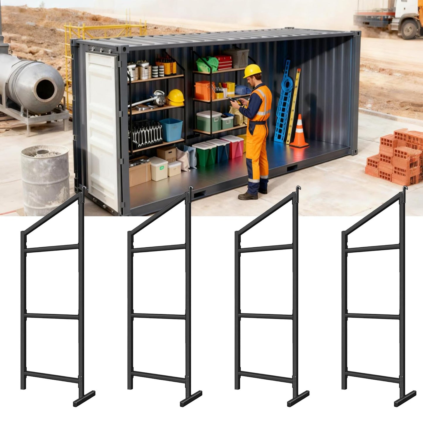 4 Pack Shipping Container Shelving Brackets, 3 Tiers Hanging Shipping Container Accessories, 1100 LBS Load Capacity, Heavy Duty Metal Storage Rack Shelf for Garage, Warehouse, Basement(4 PCS)