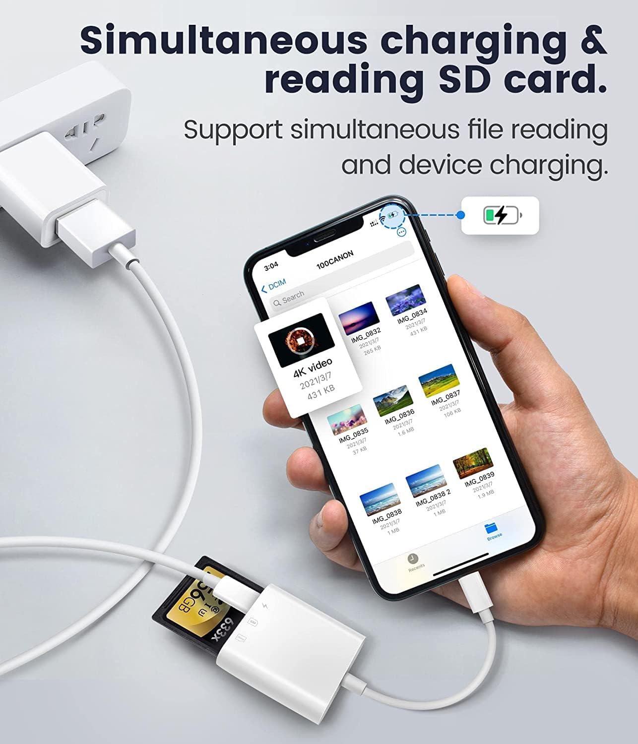 esbeecables SD Card Reader for iPhone iPad, Trail Game Camera SD Card Viewer with Dual Slot Simultaneous Charging