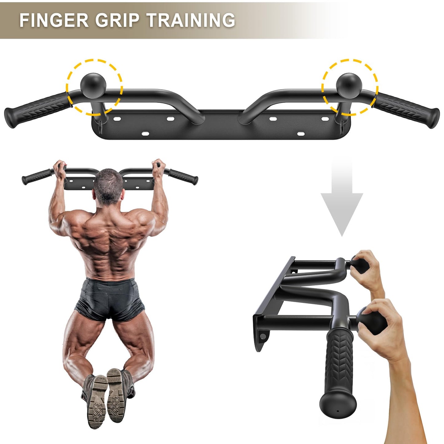 BeneLabel Wall Mounted Pull Up Bar 440 LBS Capacity Multifunctional Doorway Pullup Bar Beam or Joist Mount Chin Up Bar with Resistance Band Hooks and Ball Finger Training